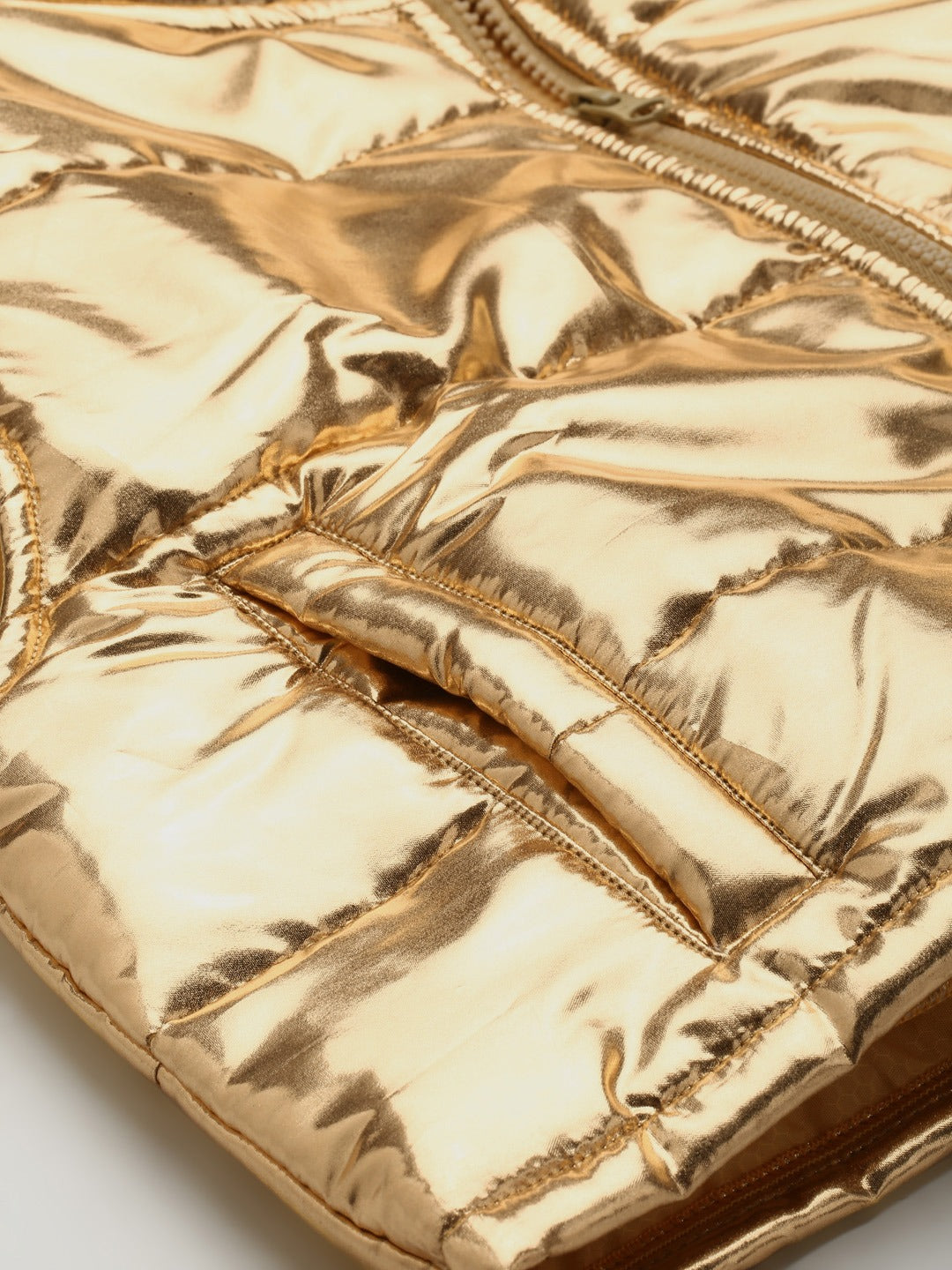 Gold Mettalic Sleeveless Puffer Crop Jacket
