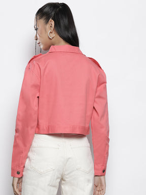 Women Pink Twill Crop Jacket