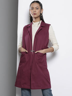Women Burgundy Twill Longline Sleeveless Jacket