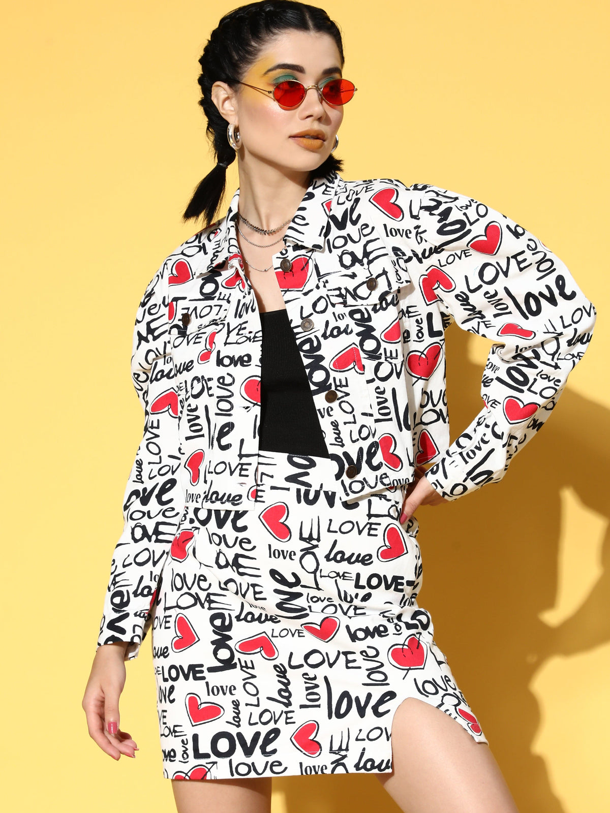 Red Love Heart Print Crop Jacket-SASSAFRAS