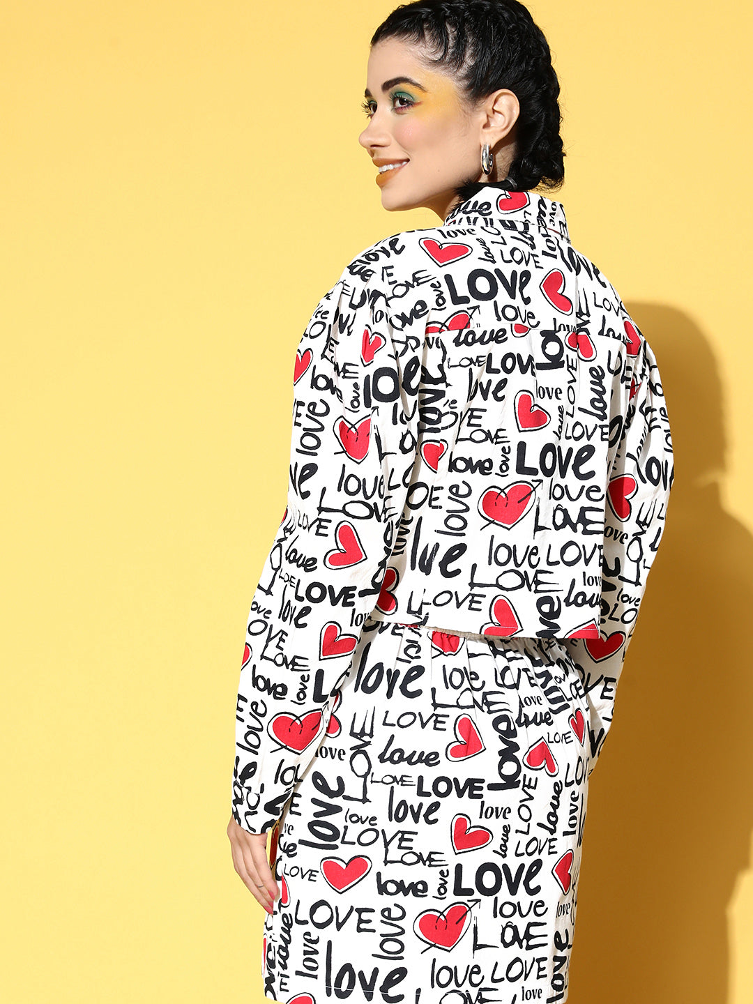 Women Red Love Heart Print Crop Jacket