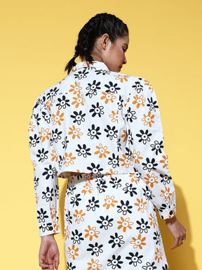 Women White Floral Print Crop Jacket