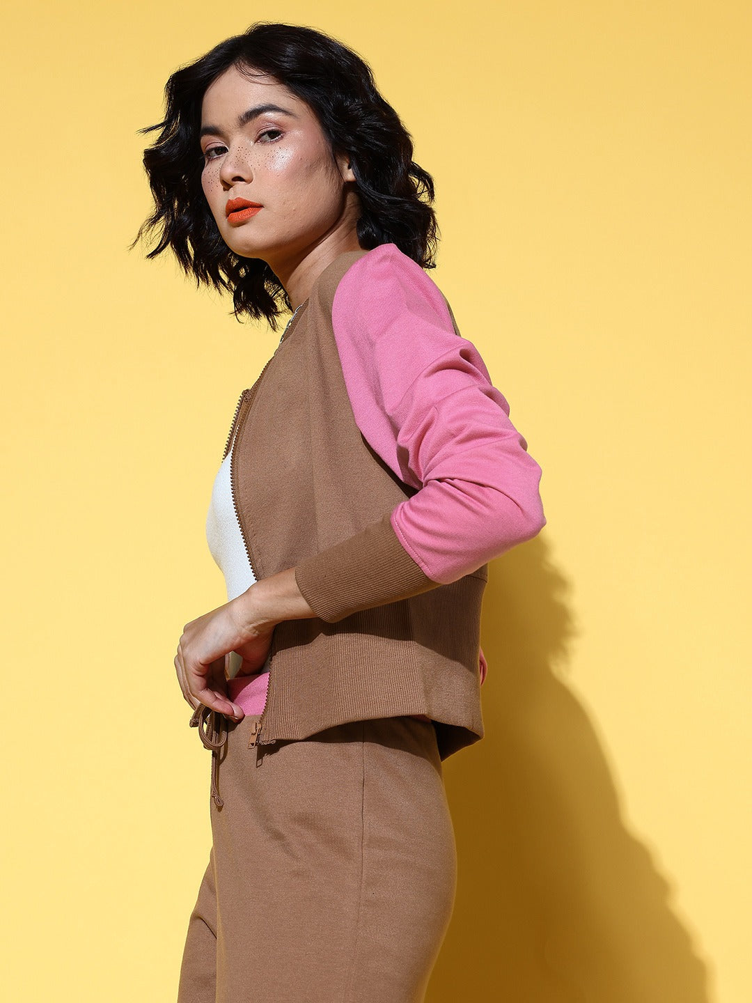 Women Brown WHO CARES Color Block Crop Jacket