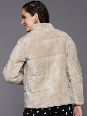 Women Beige Faux Fur Quilted Jacket