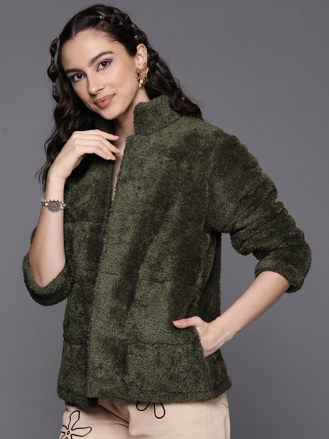 Women Olive Faux Fur Quilted Jacket