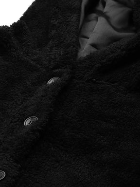 Women Black Faux Fur Front Button Hooded Jacket