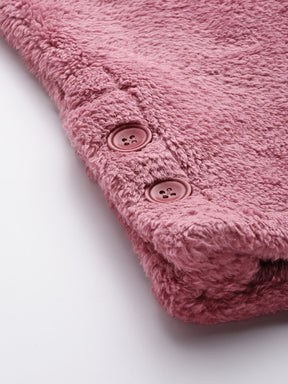 Women Pink Faux Fur Front Button Hooded Jacket