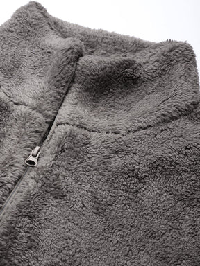 Women Charcoal Faux Fur Front Zipper Crop Jacket