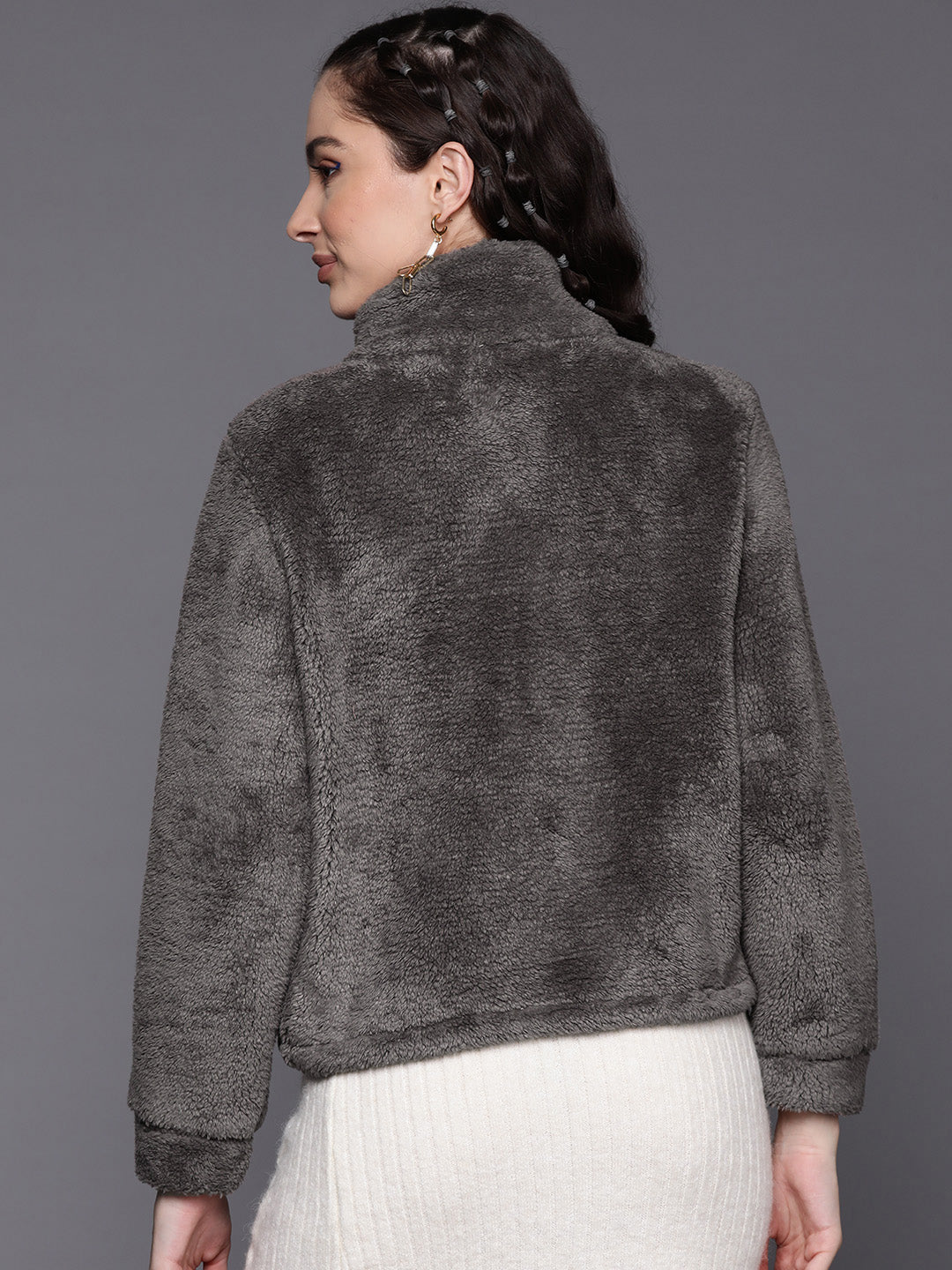 Women Charcoal Faux Fur Front Zipper Crop Jacket