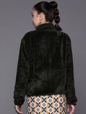 Women Olive Contrast Patch Detail Faux Fur Jacket