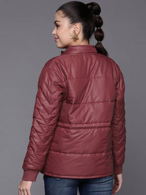 Women Maroon Front Flap Pocket Quilted Puffer Jacket