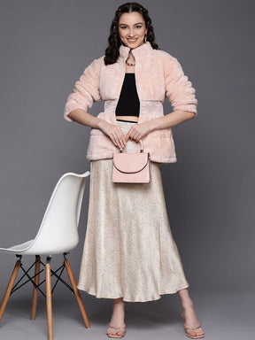 Women Pink Elasticated Waistband Quilted Fur Jacket