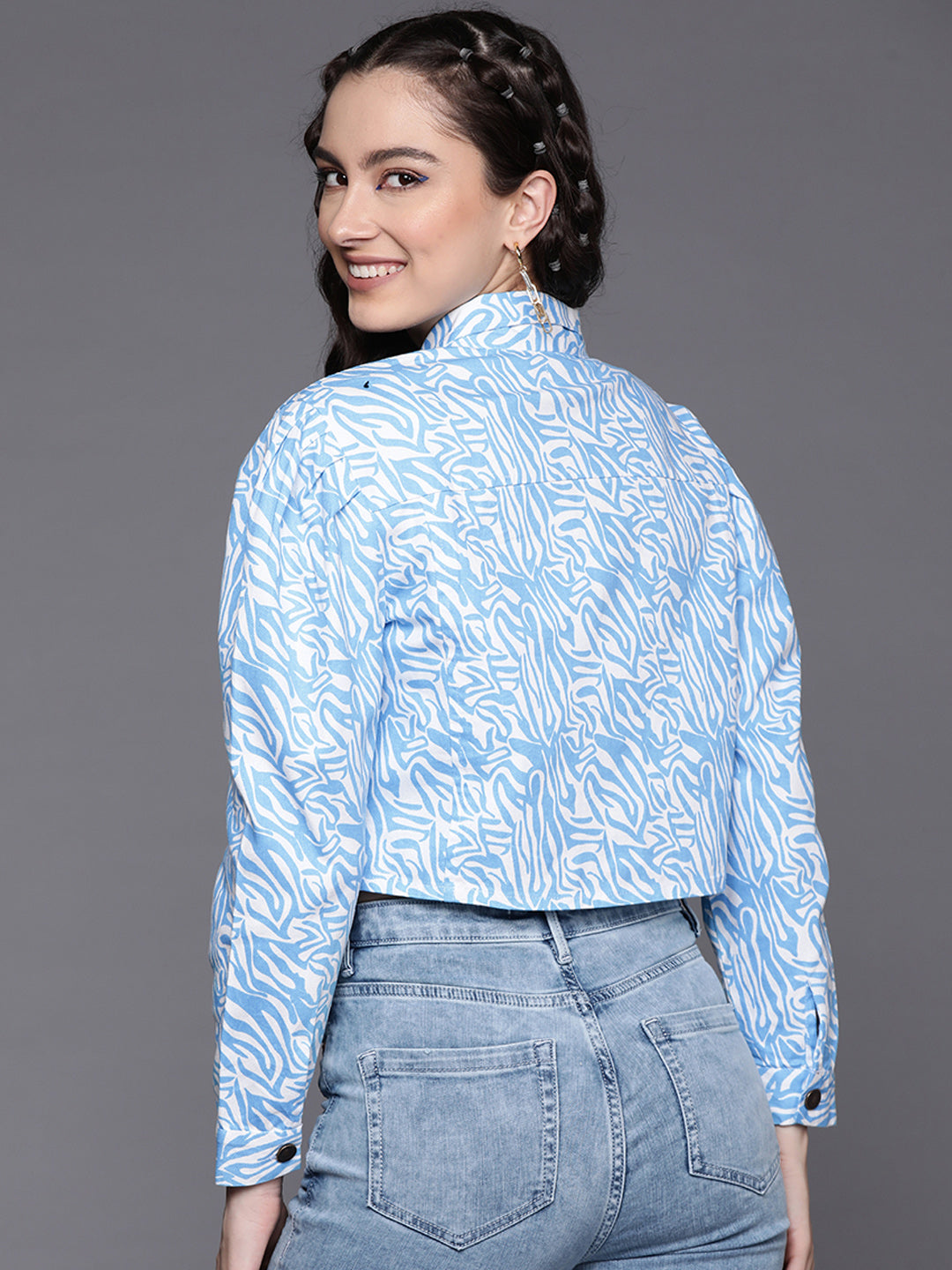 Women Blue Abstract Print Twill Crop Jacket
