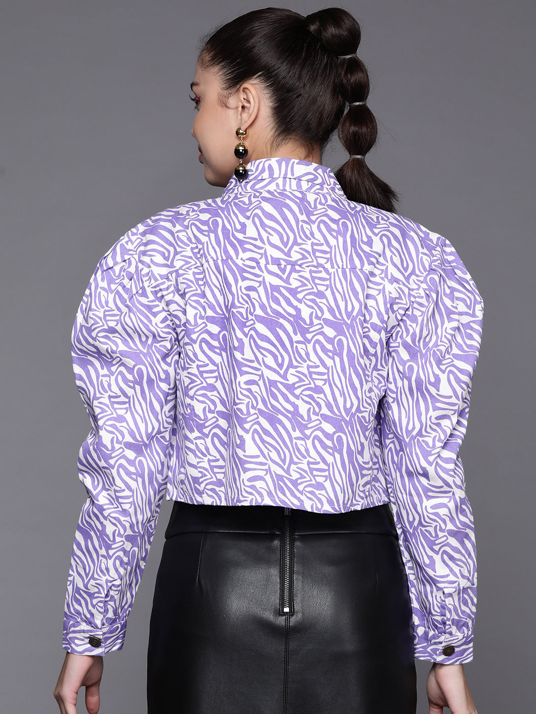 Women Purple Abstract Print Twill Crop Jacket