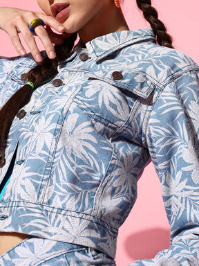 Women Blue Tropical Print Denim Jacket