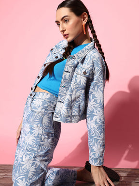 Women Blue Tropical Print Denim Jacket
