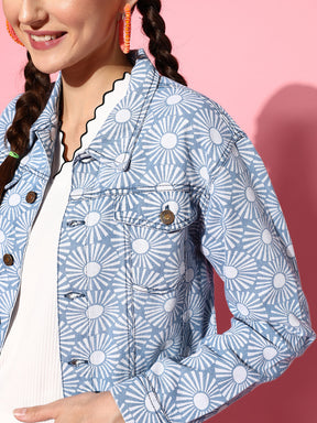 Women Blue Floral Print Denim Jacket