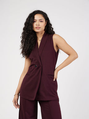 Burgundy Double-Breast Sleeveless Longline Blazer-SASSAFRAS