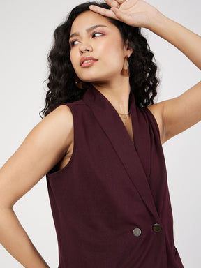 Burgundy Double-Breast Sleeveless Longline Blazer-SASSAFRAS