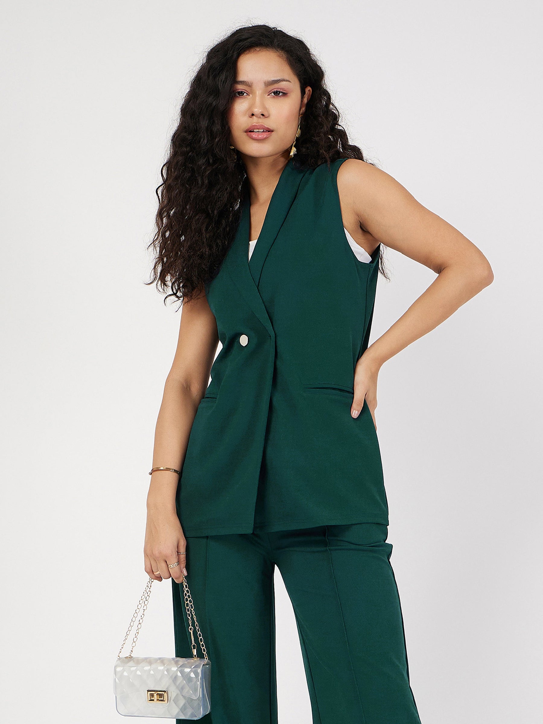 Emerald Double-Breast Sleeveless Longline Blazer-SASSAFRAS