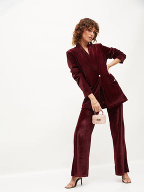 Maroon Velvet Shawl Collar Blazer-SASSAFRAS