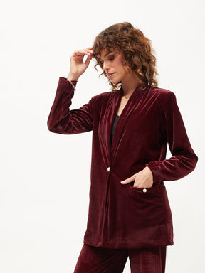 Maroon Velvet Shawl Collar Blazer-SASSAFRAS