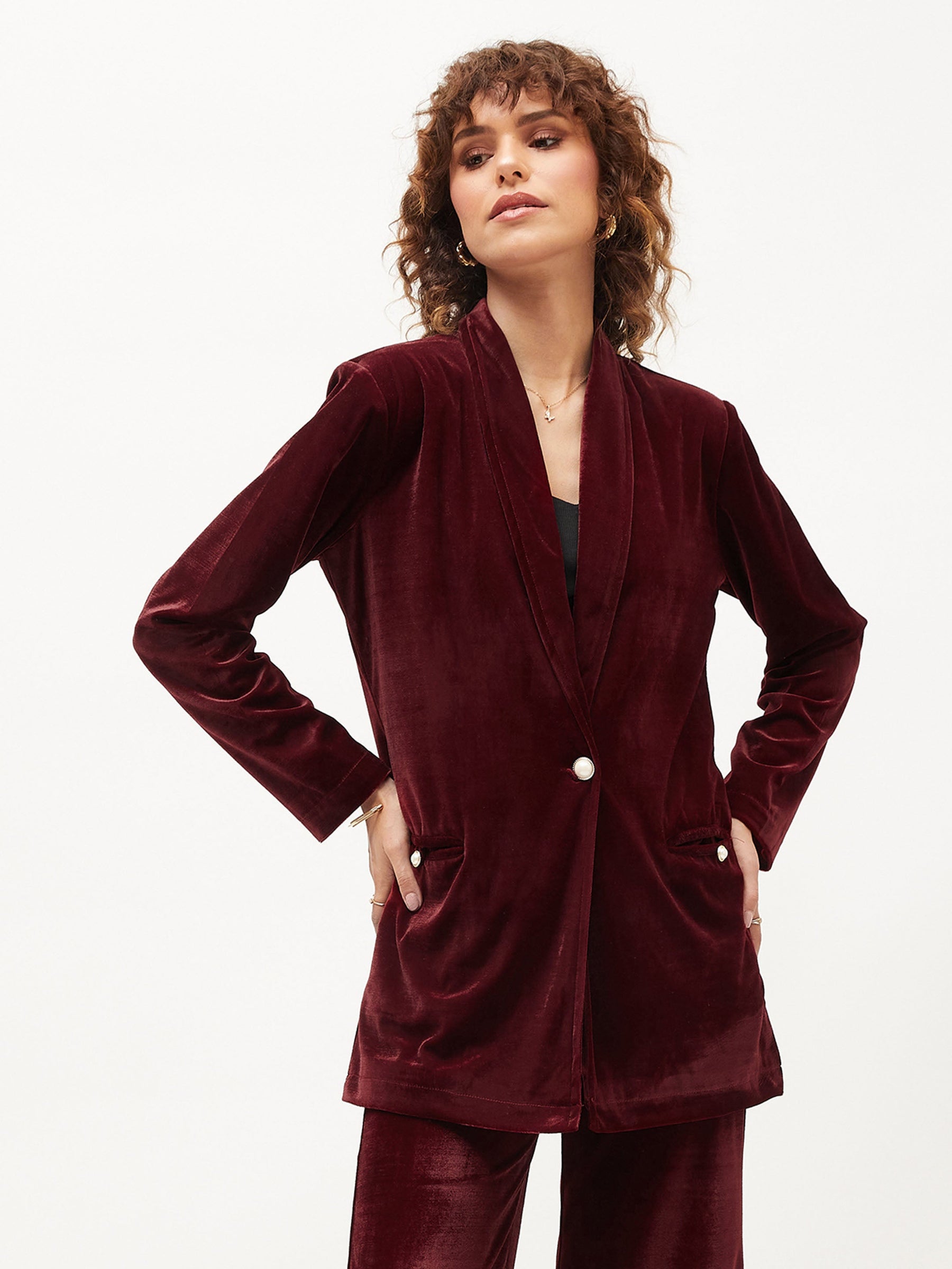 Maroon Velvet Shawl Collar Blazer-SASSAFRAS