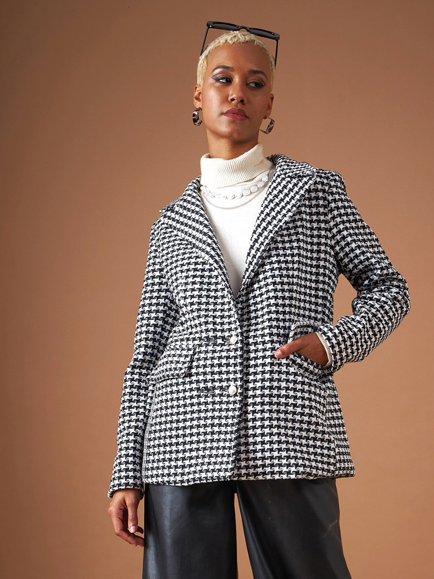 Black Geo Jacquard Tweed Double Breasted Blazer-SASSAFRAS