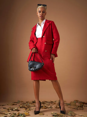 Red Check Jacquard Tweed Notch Collar Blazer-SASSAFRAS