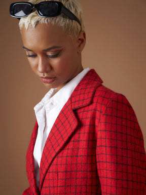 Red Check Jacquard Tweed Notch Collar Blazer-SASSAFRAS