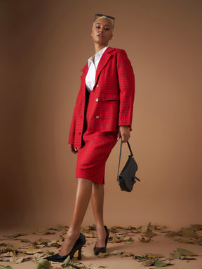 Red Check Jacquard Tweed Notch Collar Blazer-SASSAFRAS