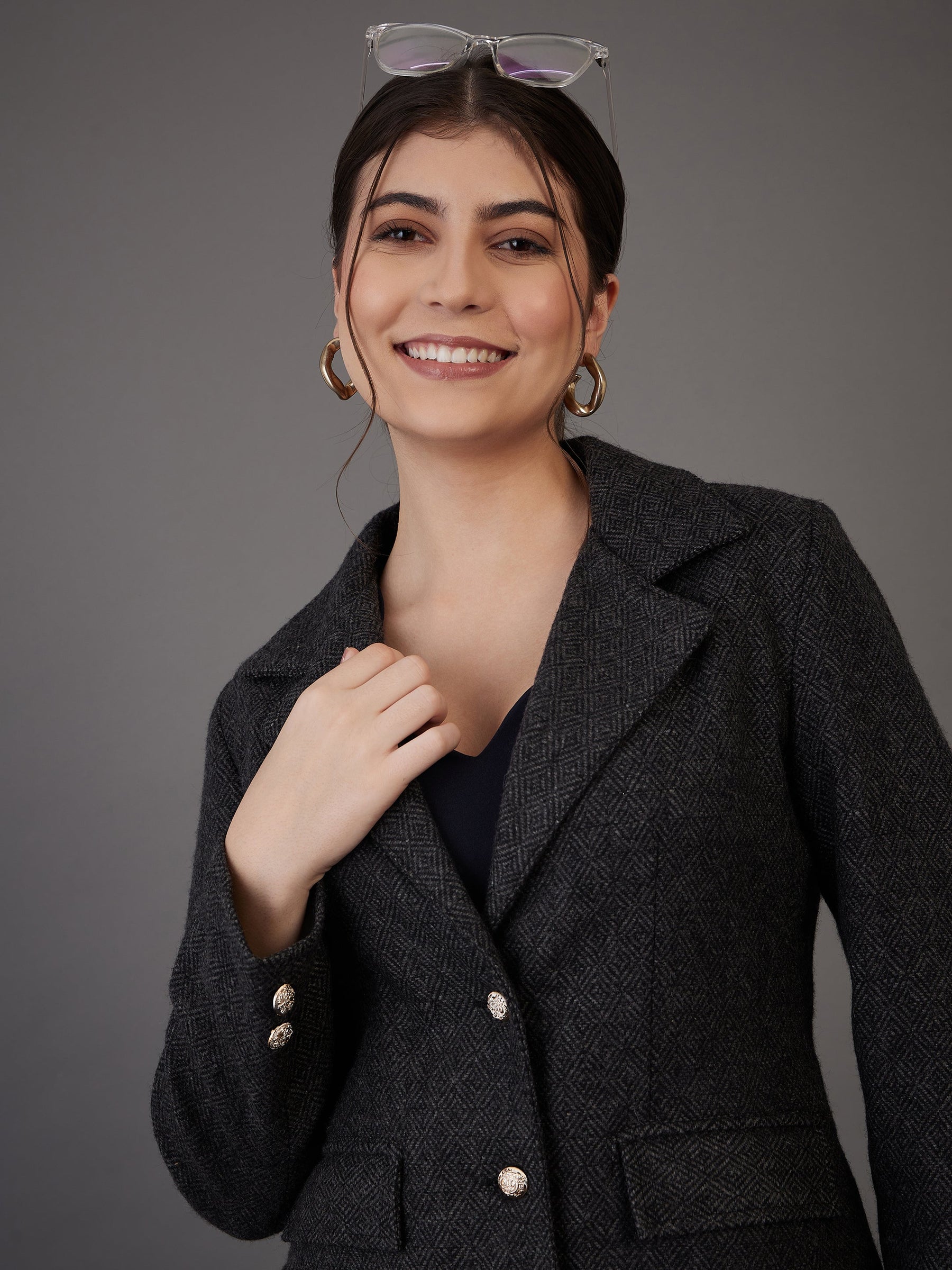 Grey Tweed Notch Collar Single-Breasted Blazer-SASSAFRAS worklyf