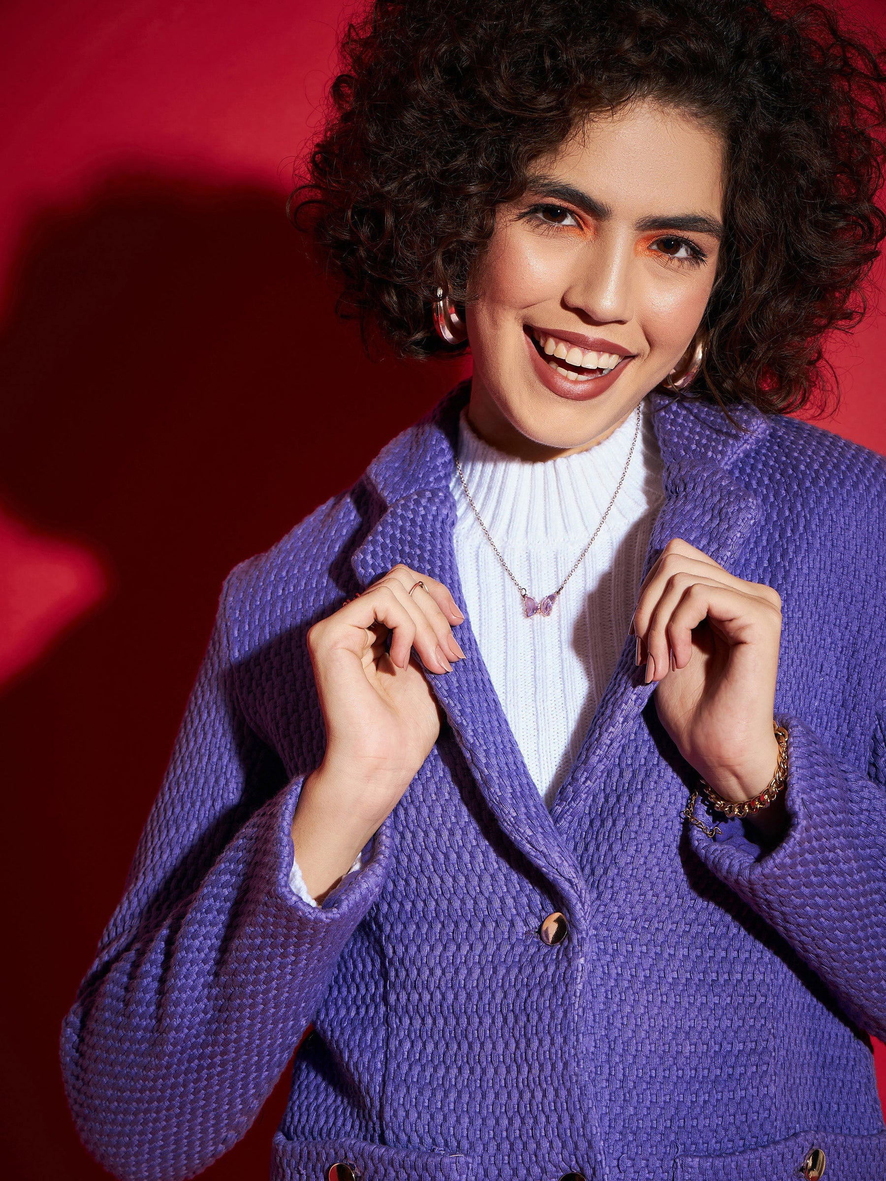 Purple Tweed Notch Collar Blazer-SASSAFRAS