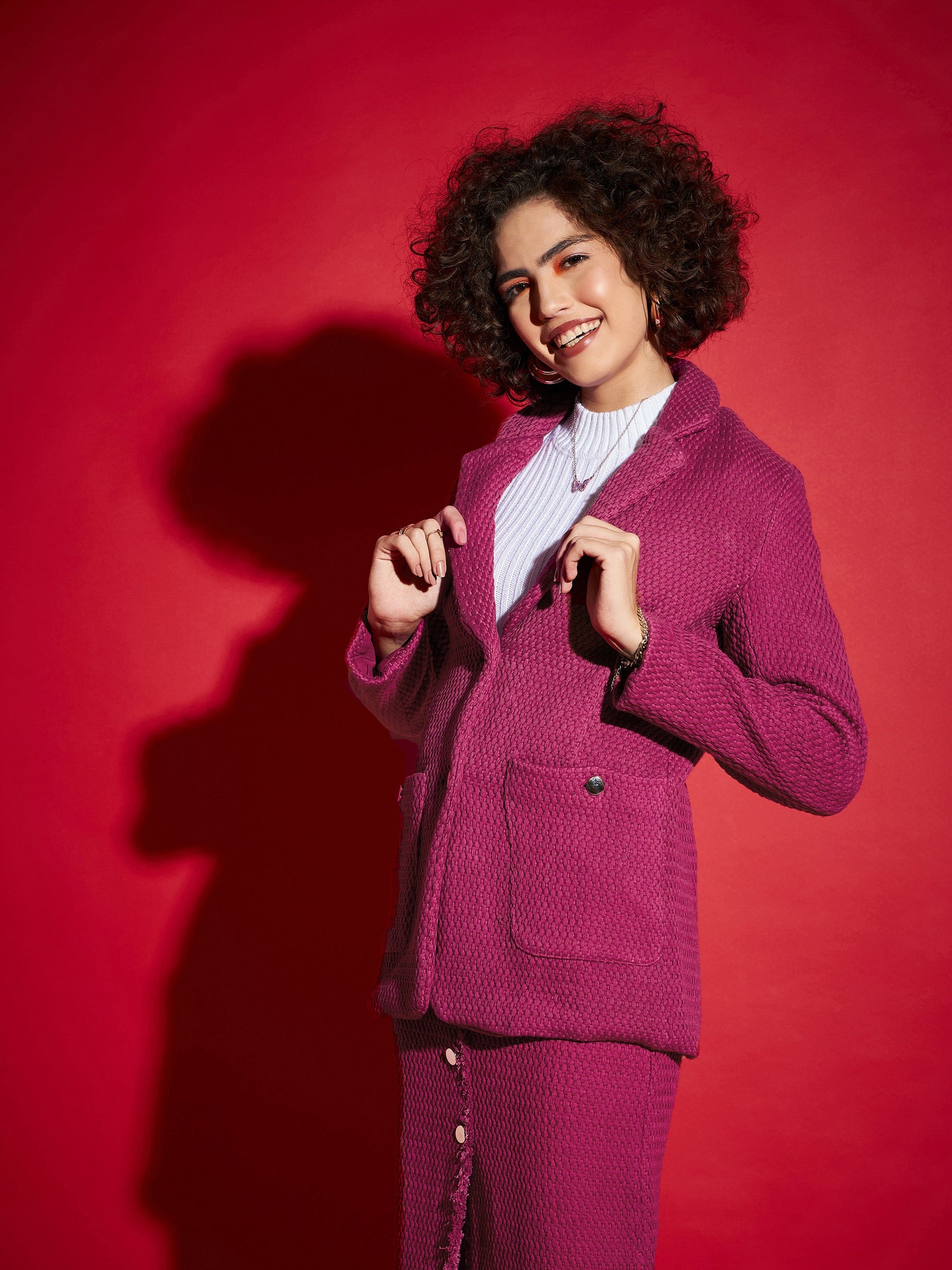 Magenta Tweed Notch Collar Blazer-SASSAFRAS