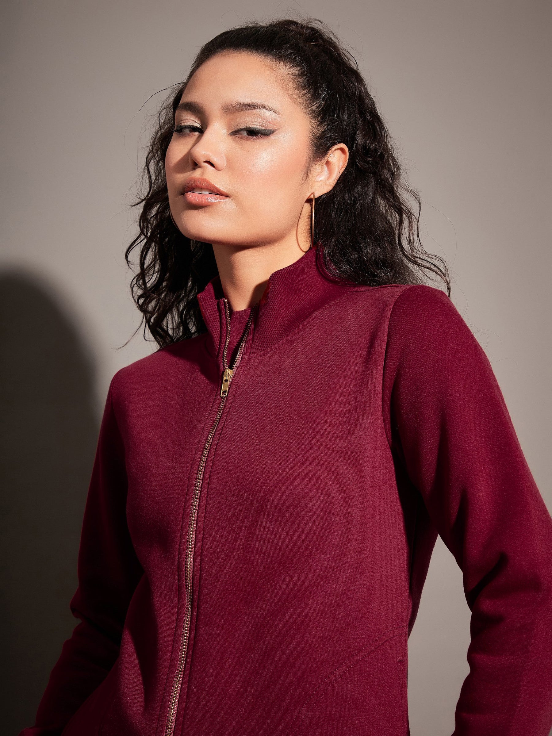 Women Maroon Fleece Zipper Jacket - Main Image