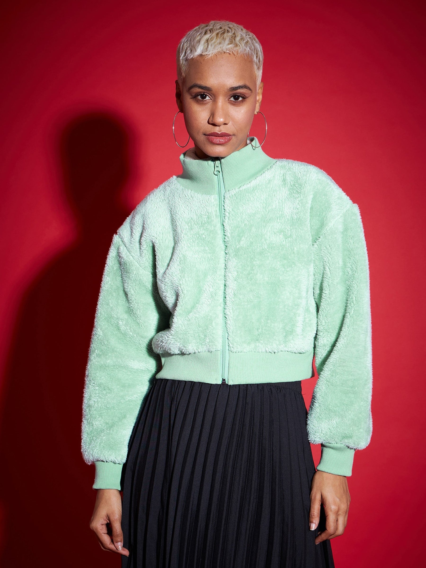 Green Fur High Neck Crop Bomber Jacket-SASSAFRAS