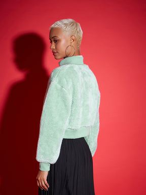 Green Fur High Neck Crop Bomber Jacket-SASSAFRAS