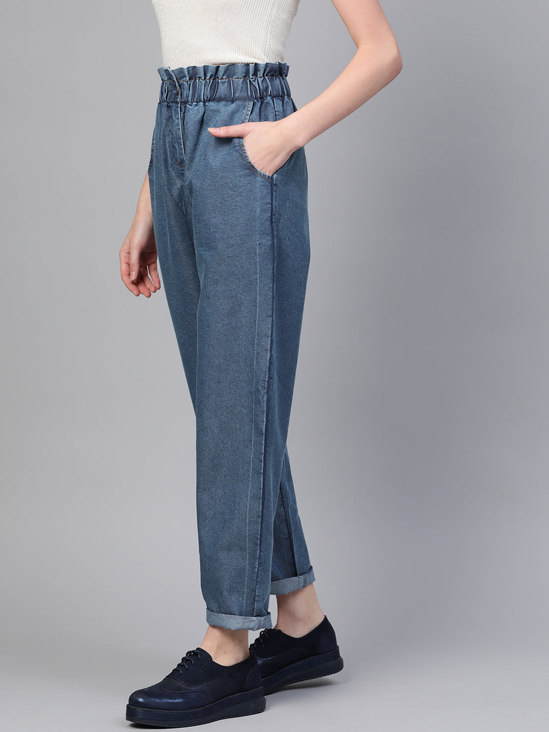 Buy Women Blue Regular Fit High Rise Clean Look Paper Bag Waist Jeans -  Jeans for Women