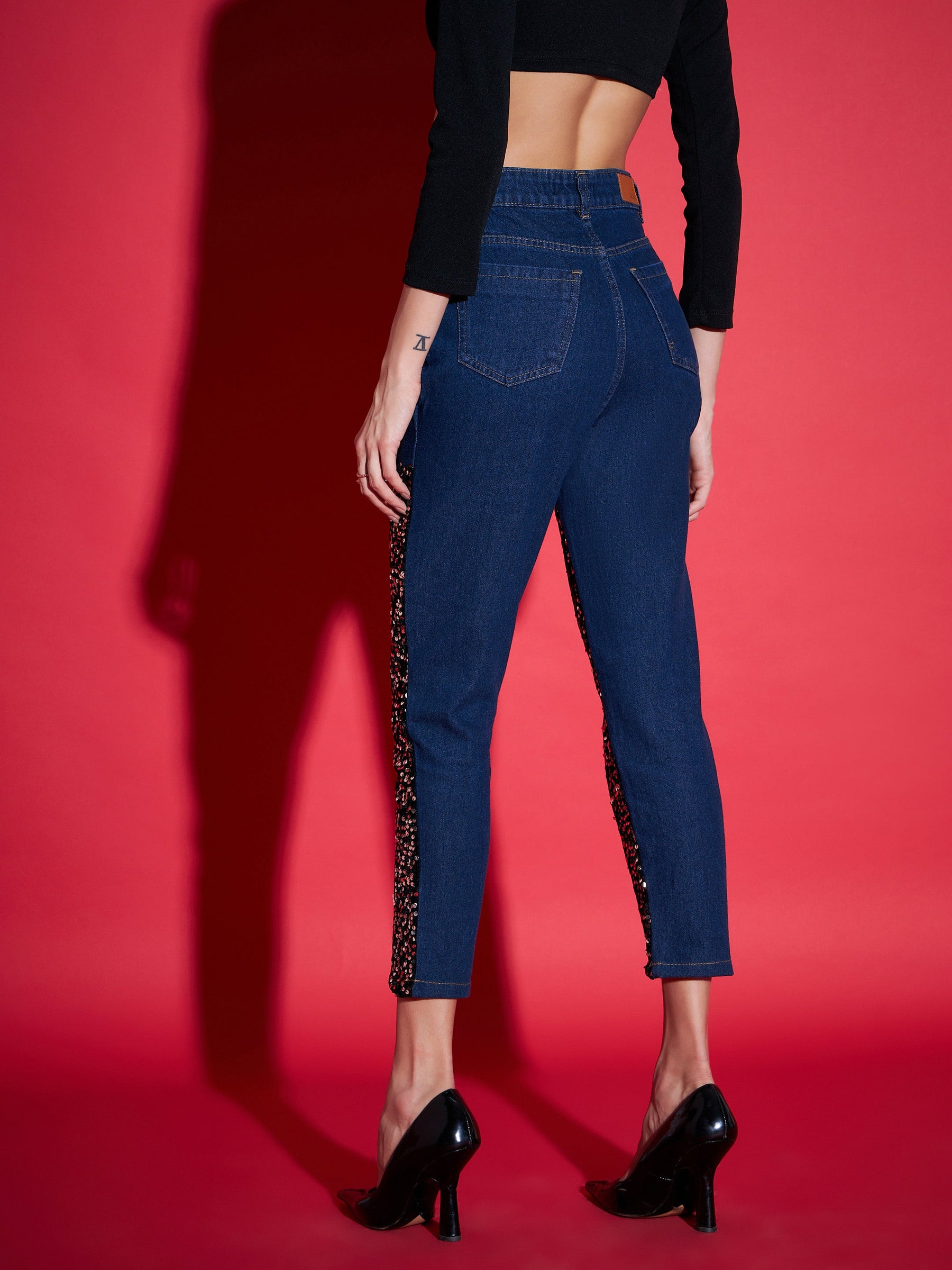 Blue Sequence Detail Mom Jeans-SASSAFRAS