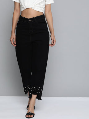 Black Pearl Hem Slouchy Jeans-Jeans-SASSAFRAS