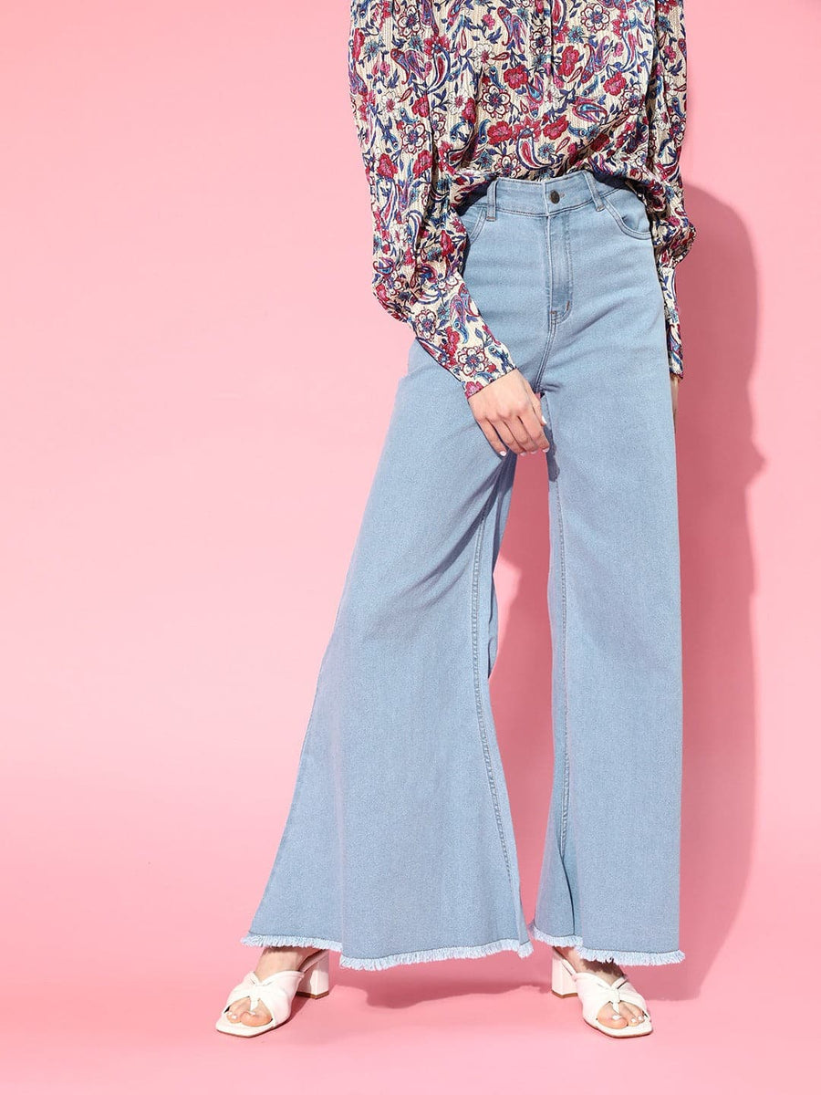 Buy Women Ice Blue Wide Leg Flared Jeans Online at Best Price