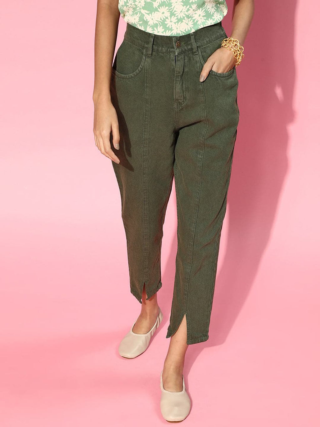 Buy Women Olive Green Front Slit Jeans Online at Sassafras