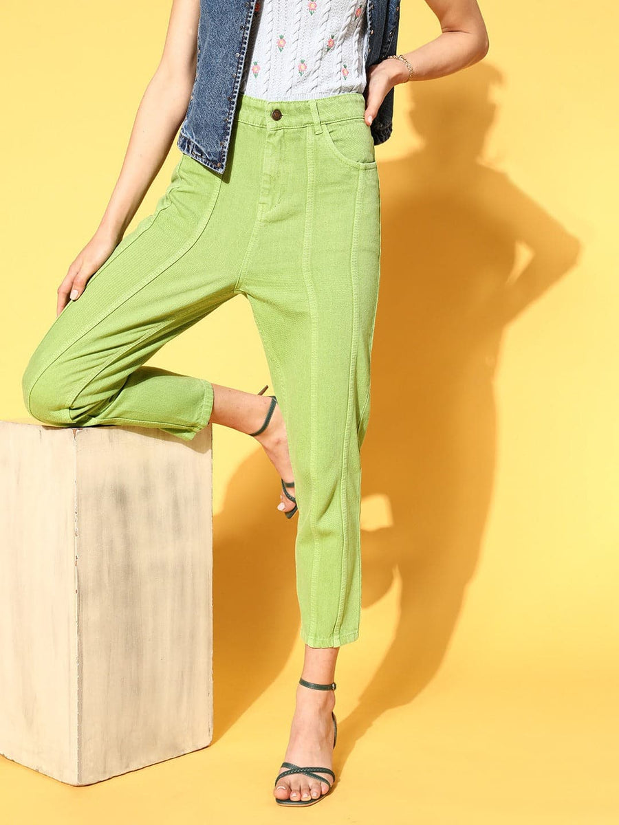 Buy Lime green straight linen trousers Designer Wear  Ensemble