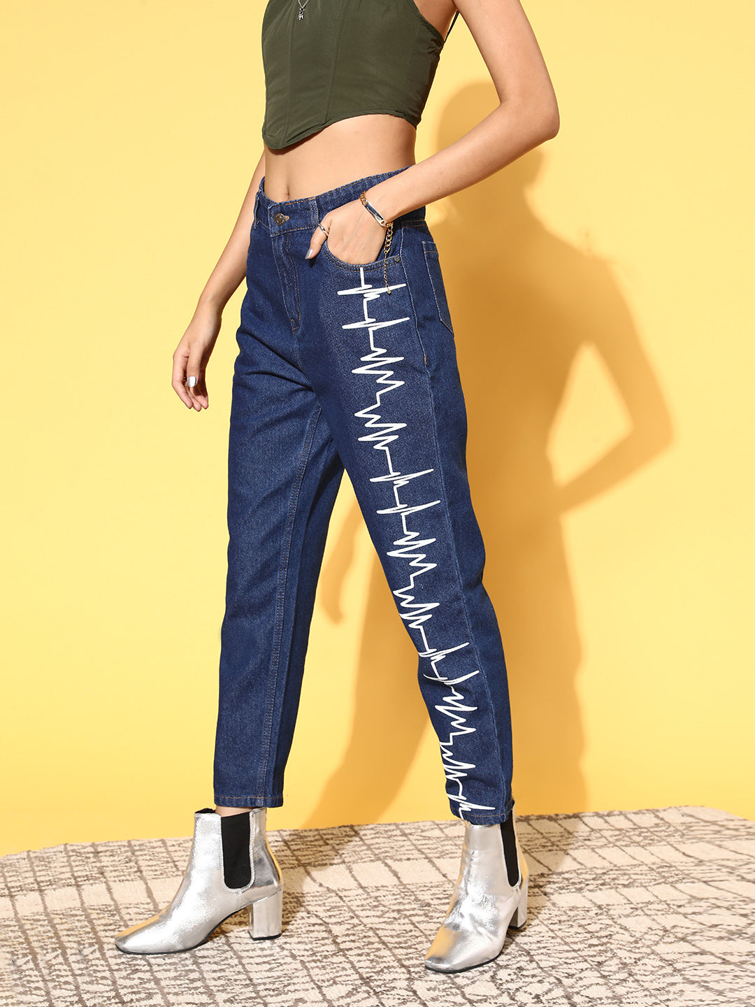 Buy Women Blue Heart-Beat Print Jeans Online at Sassafras