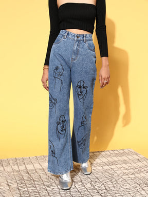 Women Blue Line-Art Print Straight Jeans-Jeans-SASSAFRAS