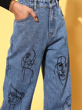 Women Blue Line-Art Print Straight Jeans