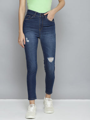Women Blue Distressed Slit Jeans-Jeans-SASSAFRAS