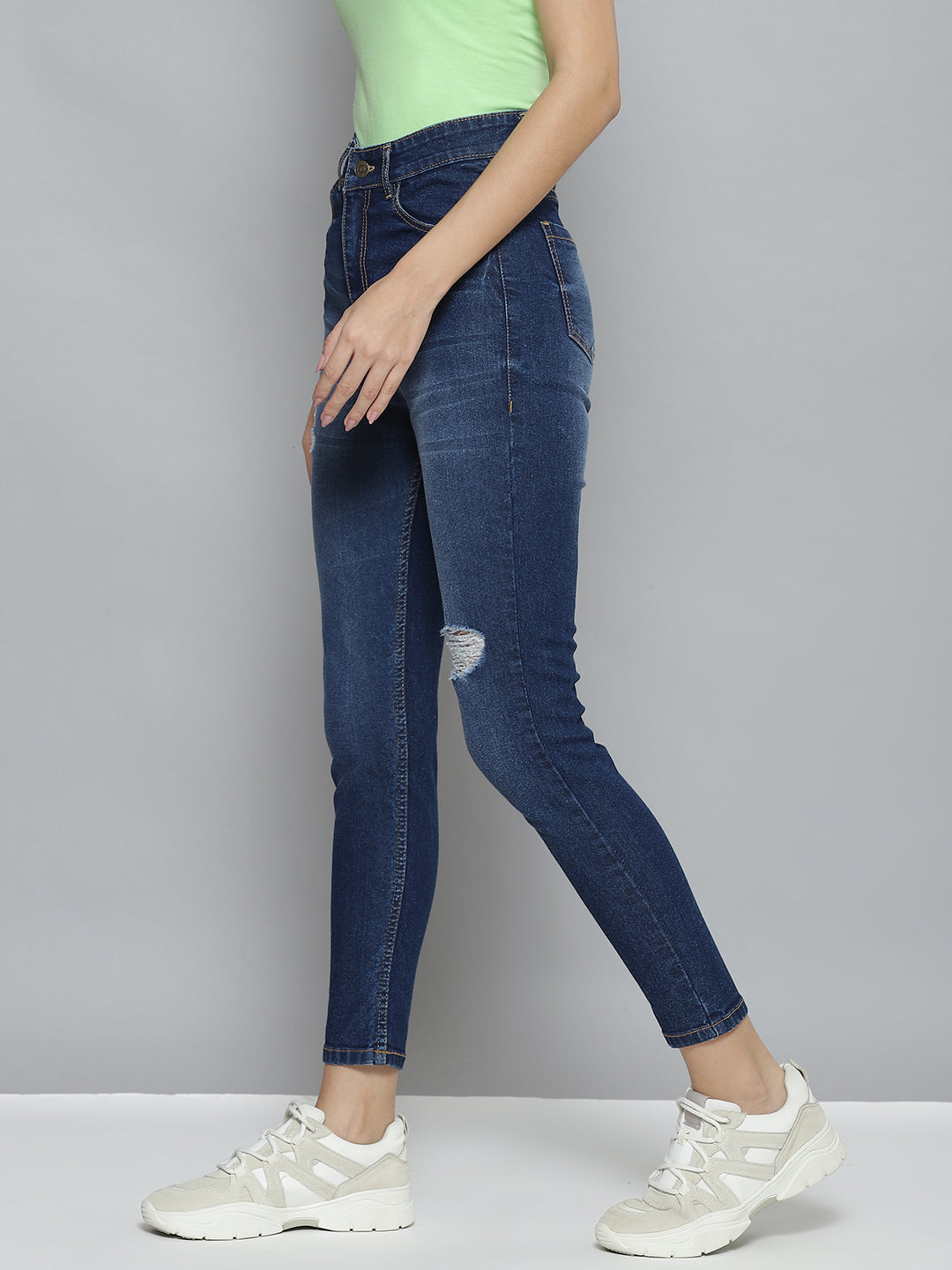 Women Blue Distressed Slit Jeans