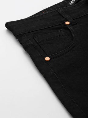 Women Black Side Button Placket Stretch Straight Jeans