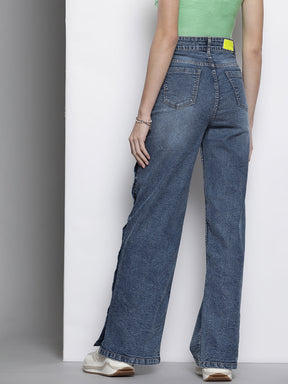 Women Blue Side Button Placket Stretch Straight Jeans